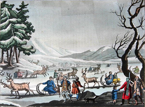 A rénszarvasok által húzott szánokon a téli táborukat elhagyó tunguszok 1820 körül (színes metszet) alkotó: E. (after) Karnejeff