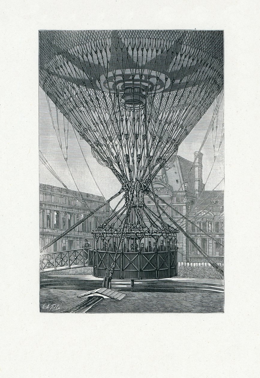 Panorámás kilátó egy hőlégballon segítségével, pub. 1880 körül (bw metszet) alkotó: E. A. Tilly