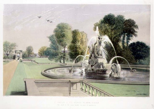 St. George and the Dragon Fountain, Holkham, pub. szerző: Thomas McLean (litho) alkotó: E. Adveno Brooke