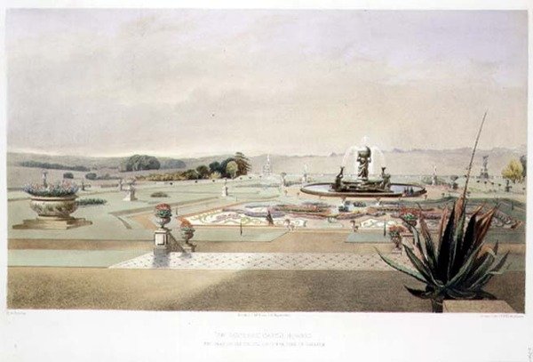 A Parterre, Howard kastély, kocsma. szerző: Thomas McLean (litho) alkotó: E. Adveno Brooke