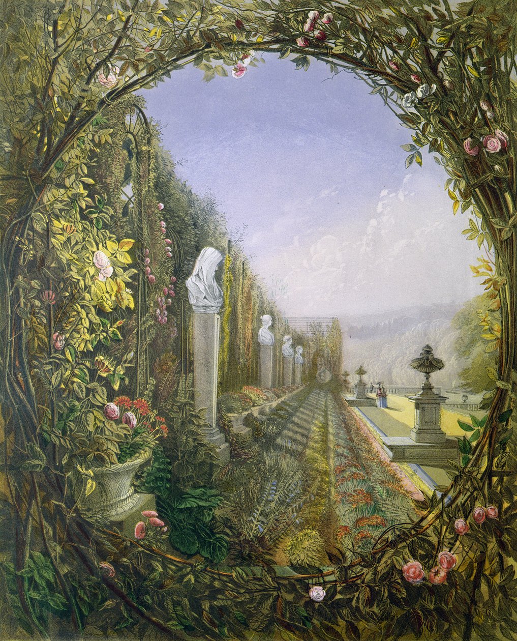 The Trellis Window, Trentham Hall Gardens, a Gardens of Englandből, 1857-ben megjelent alkotó: E. Adveno Brooke