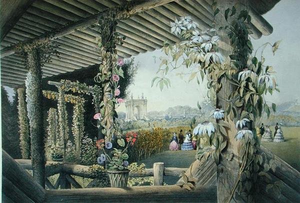 Kilátás a rusztikus székről, Shrublands, a Gardens of Englandből, 1857-ben (színes litó) alkotó: E. Adveno Brooke