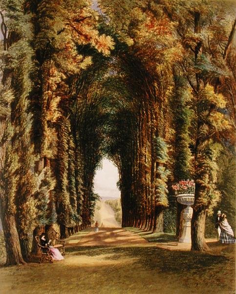 "Vista" a Teddesley-i kertekben, az 1857-ben megjelent "The Gardens of England" című könyvből (színes litográfia) alkotó: E. Adveno Brooke