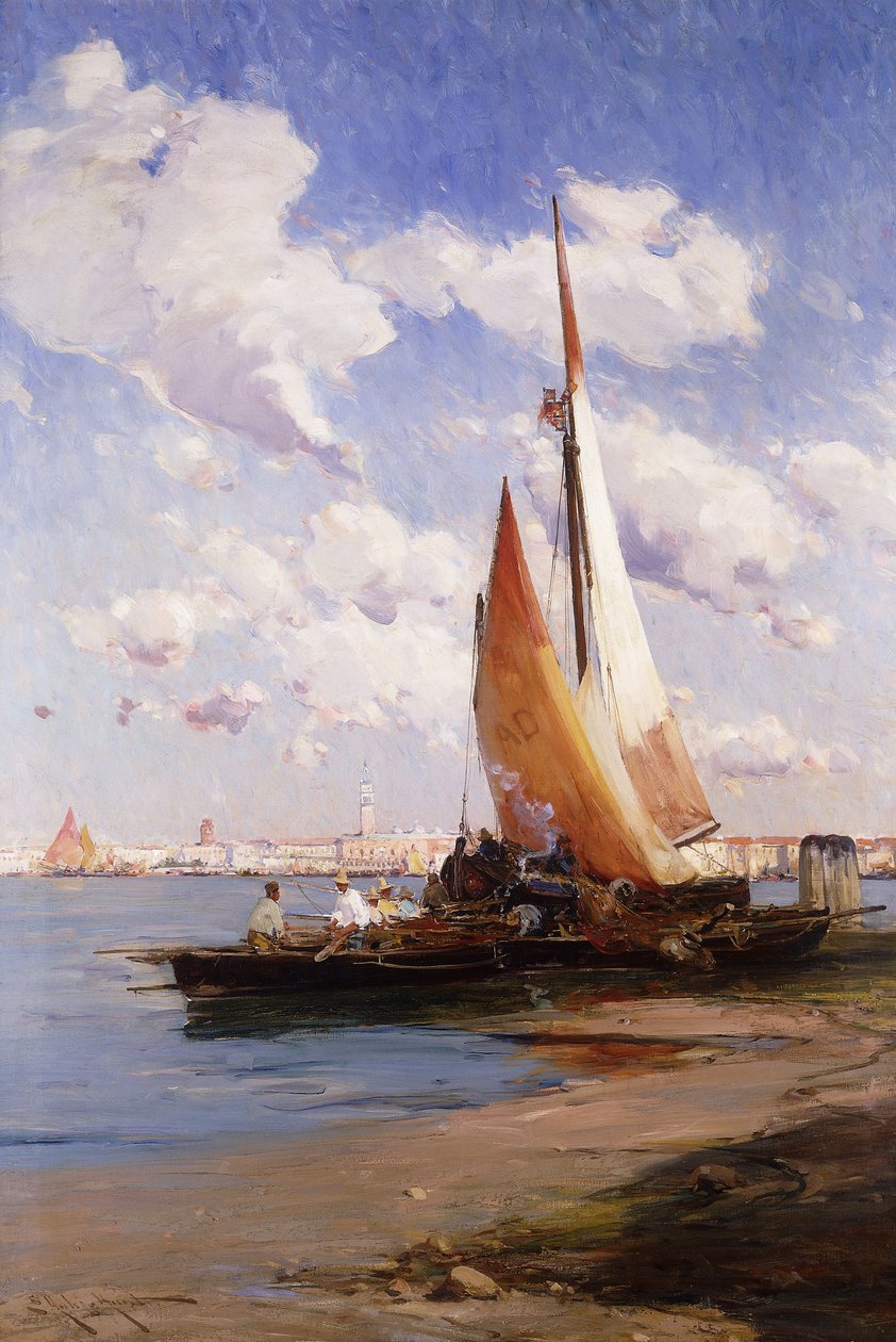 Horgászhajók a folyón degli Schiavoni, Velence, túl, alkotó: E. Aubrey Hunt