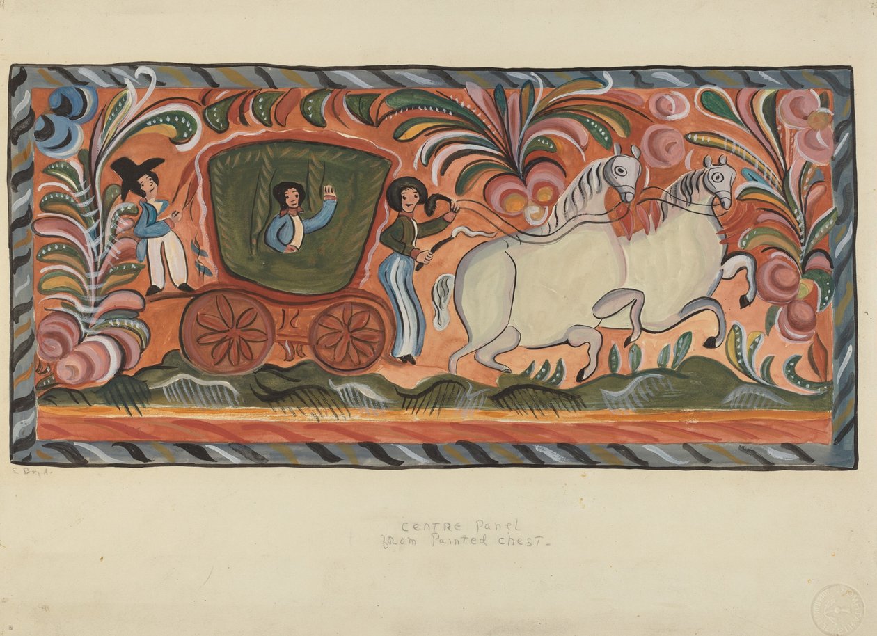 Olajra festett őshonos fenyő láda, 19351942. alkotó: E. Boyd