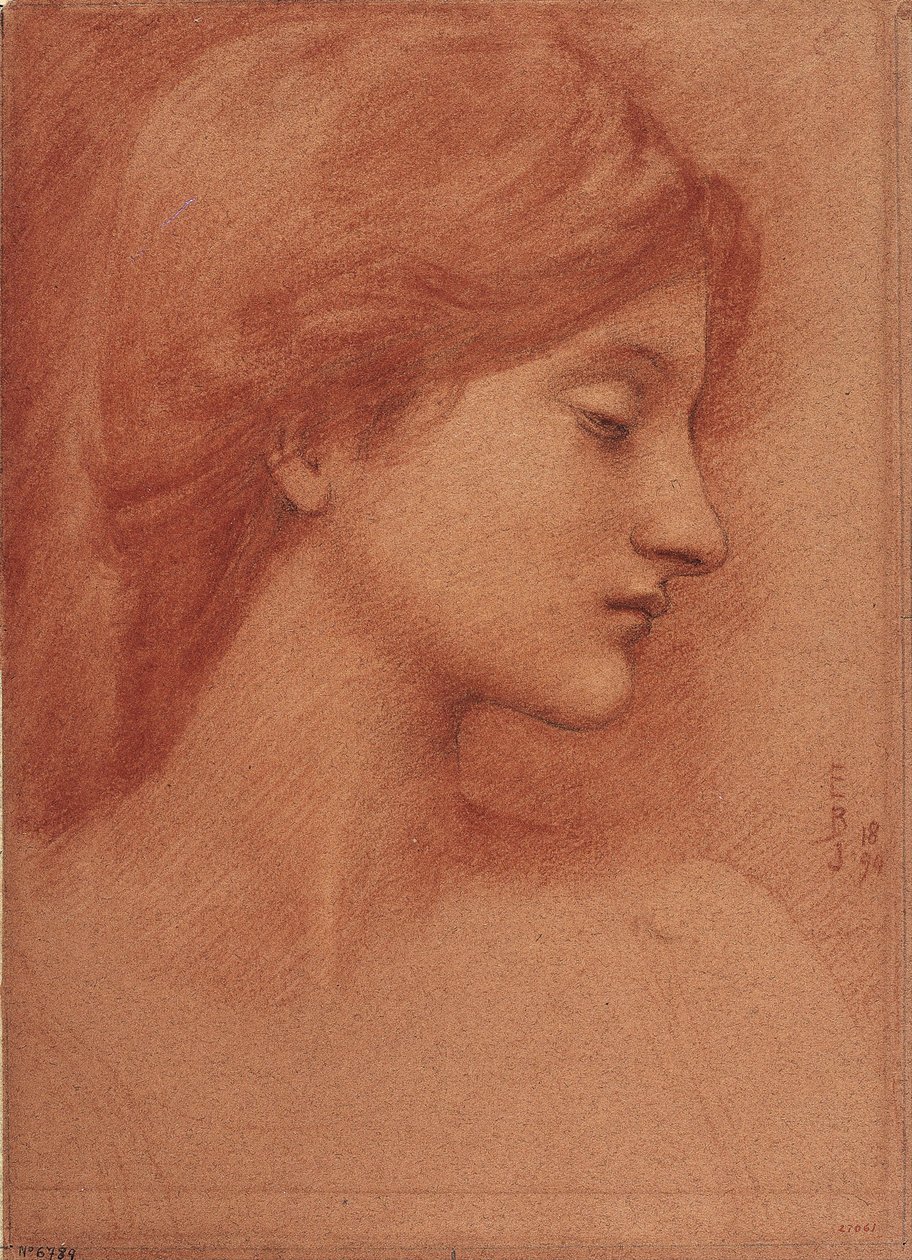 Női fej – Dessin, Sir Edward Coley Burne Jones (Burne-Jones) (1833-1898) – 1894 – Szangvinikus és kréta papíron – 38,4x27,7 – Catalunya Nemzeti Múzeum, Barcelona alkotó: E. Burne Jones