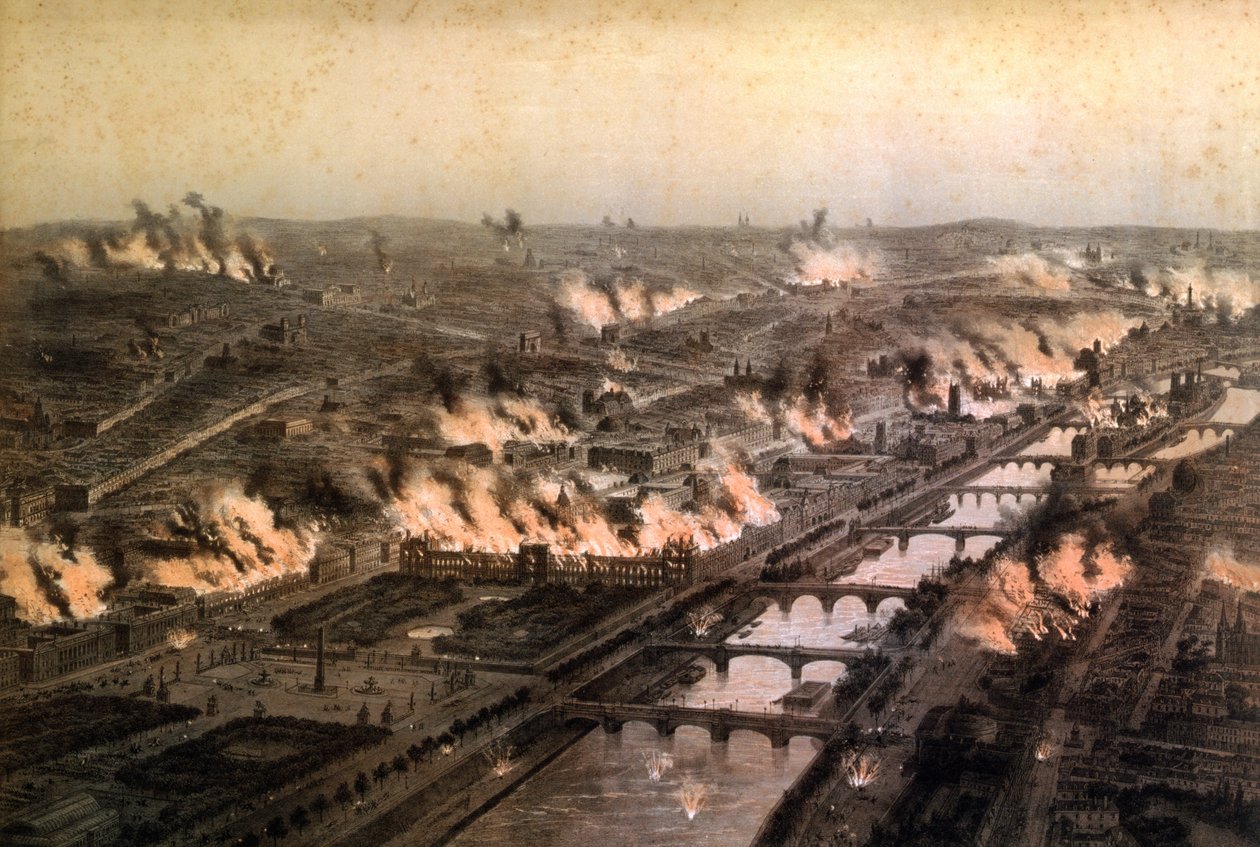 Panoráma a párizsi tűzvészről a kommün idején, 1871 májusában alkotó: E. Daroy