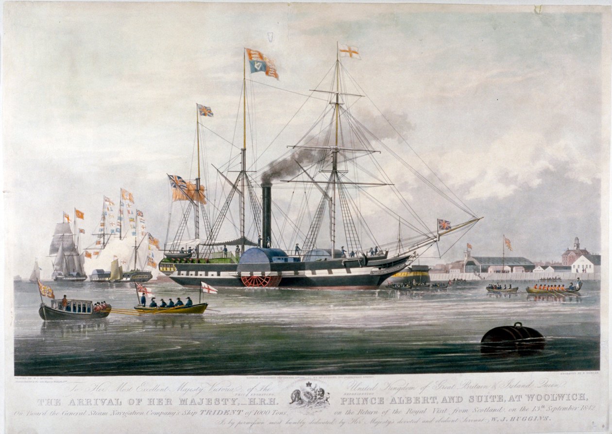 Viktória királynő és Albert herceg megérkezik a Királyi Dockyardba, Woolwich, Kent, 1843 alkotó: E Duncan