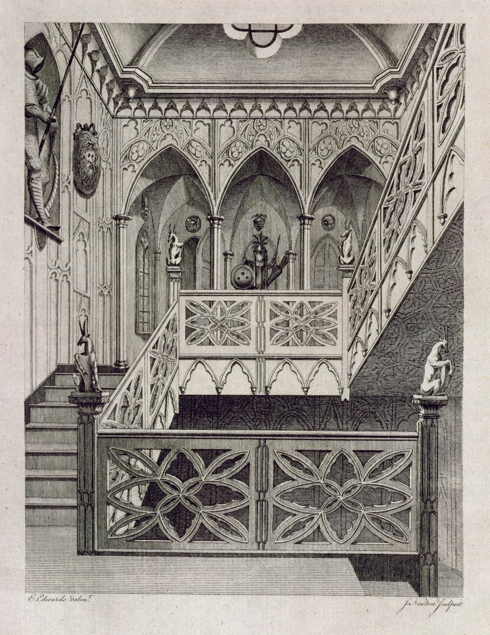 Lépcső a Strawberry Hillben, J. Newton metszete, Horace Walpole „Description of Strawberry Hill” című művéből, 1784 alkotó: E Edwards
