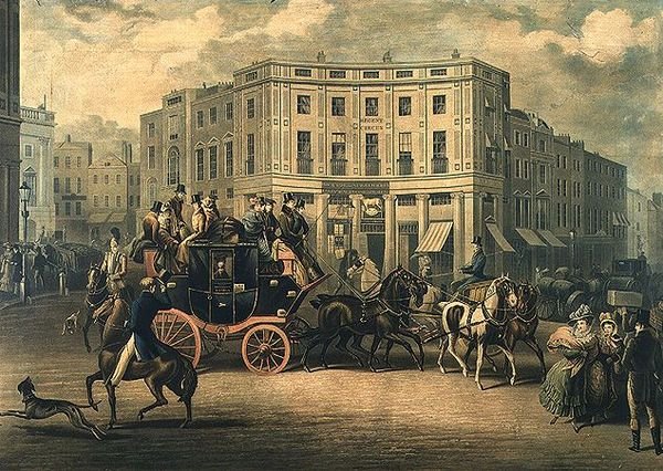 "The Age" Brighton Coach at the Bull and Mouth, Regent Circus (metszet) alkotó: E. F. Lambert
