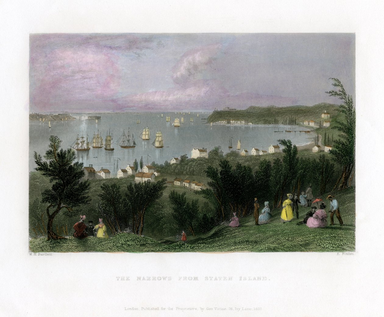 The Narrows a Staten Island-ről, New York, USA, 1837. alkotó: E. Finden