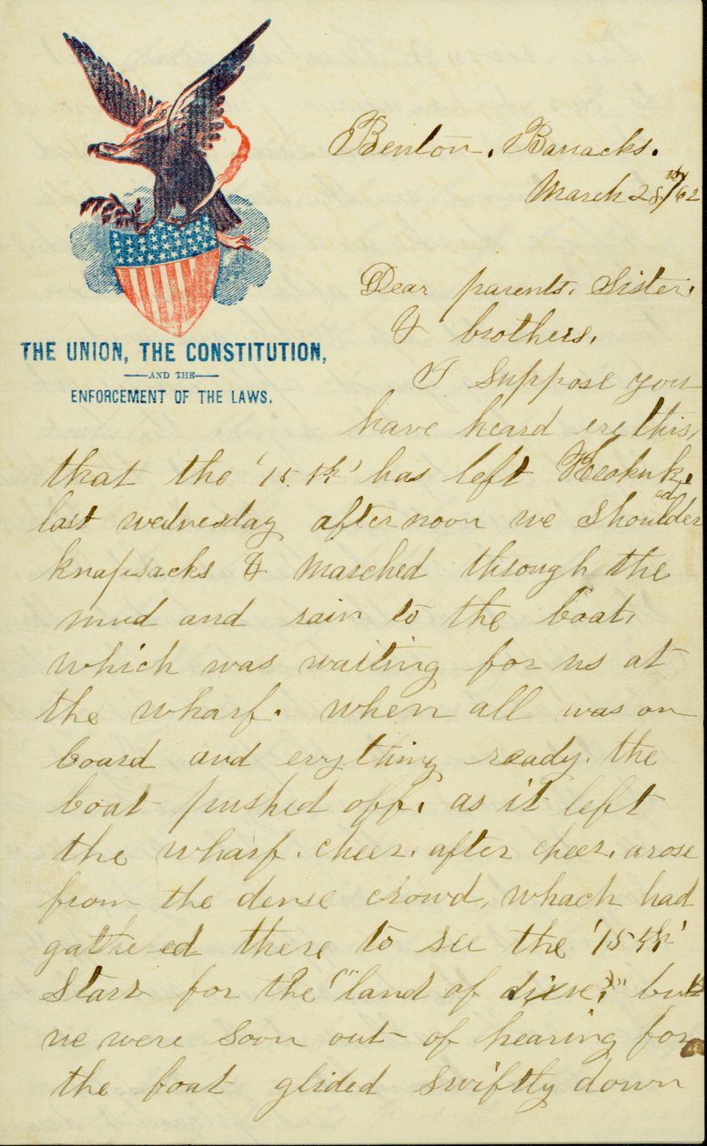 Levél aláírva E.G. Black, Benton Barracks, Mo., szüleinek, húgának és testvéreinek, 1862. március 28 alkotó: E. G. Black