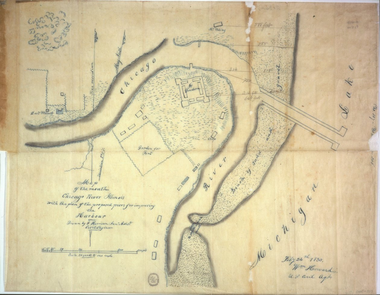 A Chicago folyó torkolatának térképe Illinois államban a kikötő javítására javasolt mólók tervével, 1830 alkotó: E. Harrison