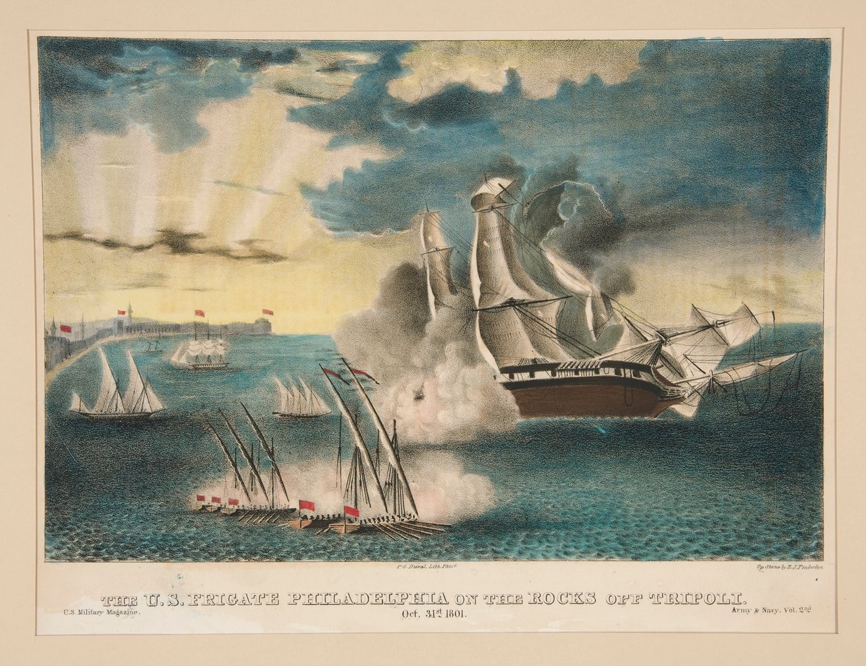 A Philadelphia amerikai fregatt a Tripoli melletti sziklákon (az US Military Magazine Army and Navy II. kötetéből) alkotó: E. J. Pinkerton