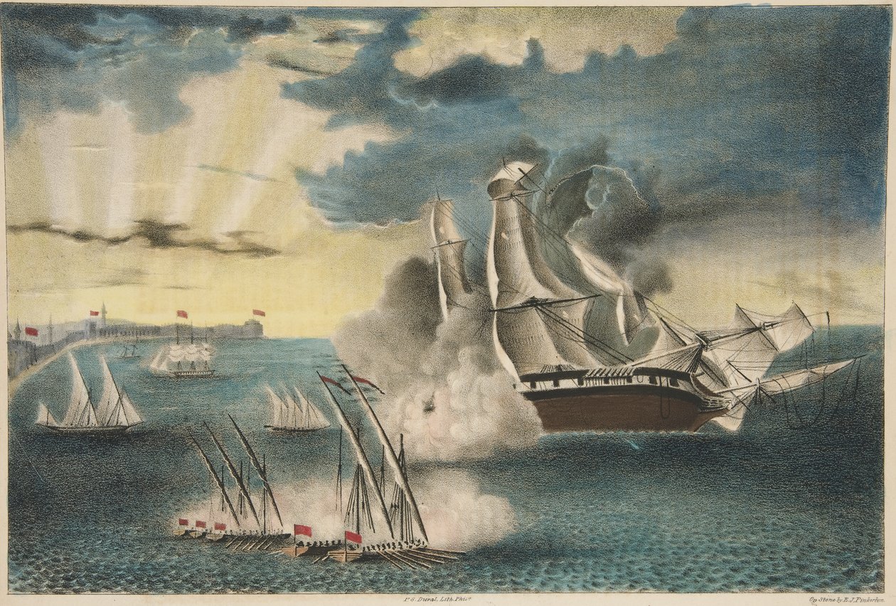 A Philadelphia amerikai fregatt a sziklákon Tripoli mellett, az Army and Navy Magazine kocsmából. 1840 (színes litográfia) alkotó: E. J. Pinkerton