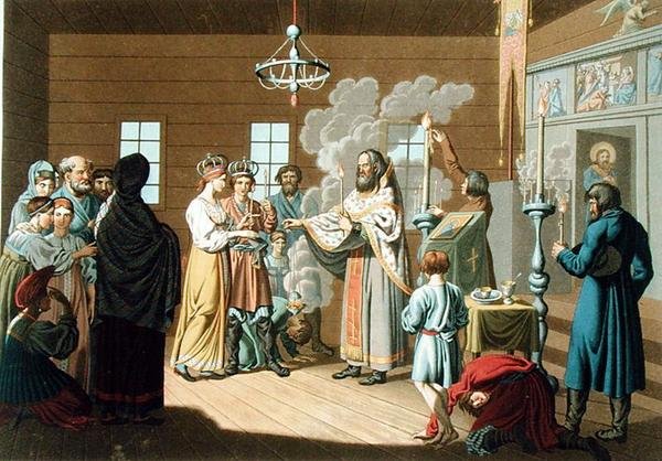 Az orosz házasság, X. Wagner metszet (színes litó) alkotó: E. Karnejeff