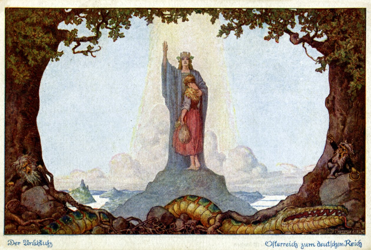 Történelem. Ausztria és Németország Uniója. E. Kutzer allegóriája, Ausztria, 1920 körül (képeslap) alkotó: E. Kutzer