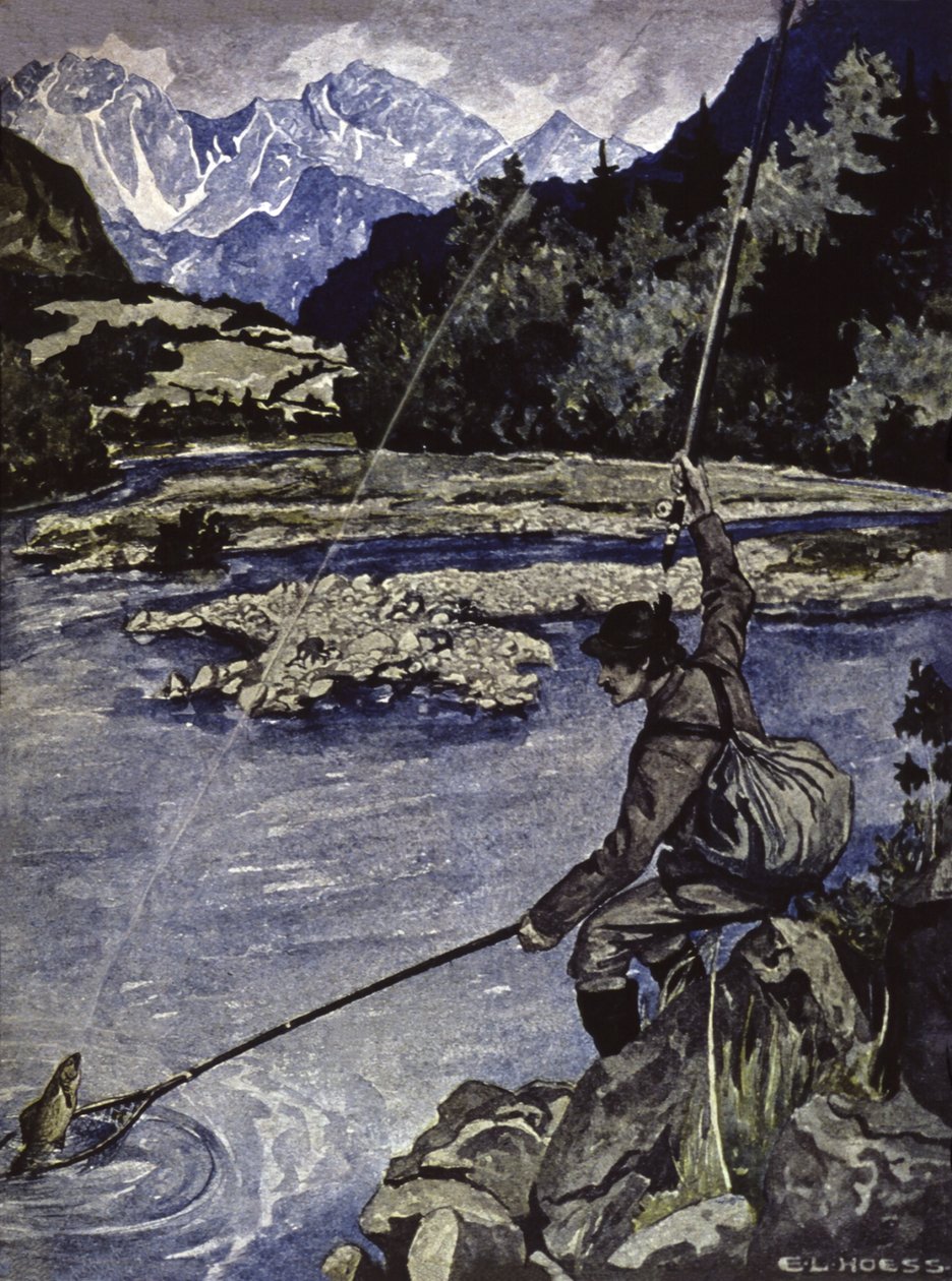 Horgászat a folyóban, 1900 körül (illusztráció) alkotó: E. L. Hoess