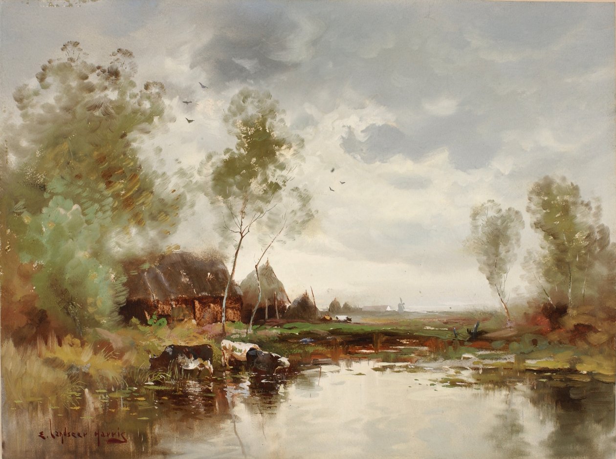Táj szélmalommal, 19. század vége-XX. század eleje. alkotó: E. Landseer Harris