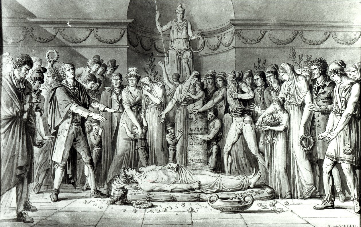 Jean Paul Marat (1743-93) temetése a Club des Cordeliers kápolnájában, 1793. július 16., 1793 körül (toll és tinta papíron) (bw fotó) alkotó: E. Le Sueur