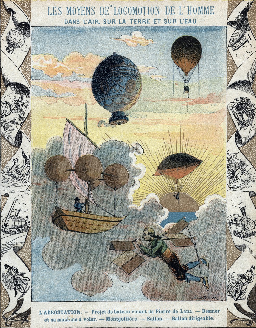Aerostation - Pierre de Lana repülő csónak projektje - Besnier repülő repülőgépe (1678) - Balloon - Balloon - Léghajó léggömb - E Letellier illusztrációja - Protect történelmi jegyzetfüzet, 19. század vége alkotó: E. Letellier