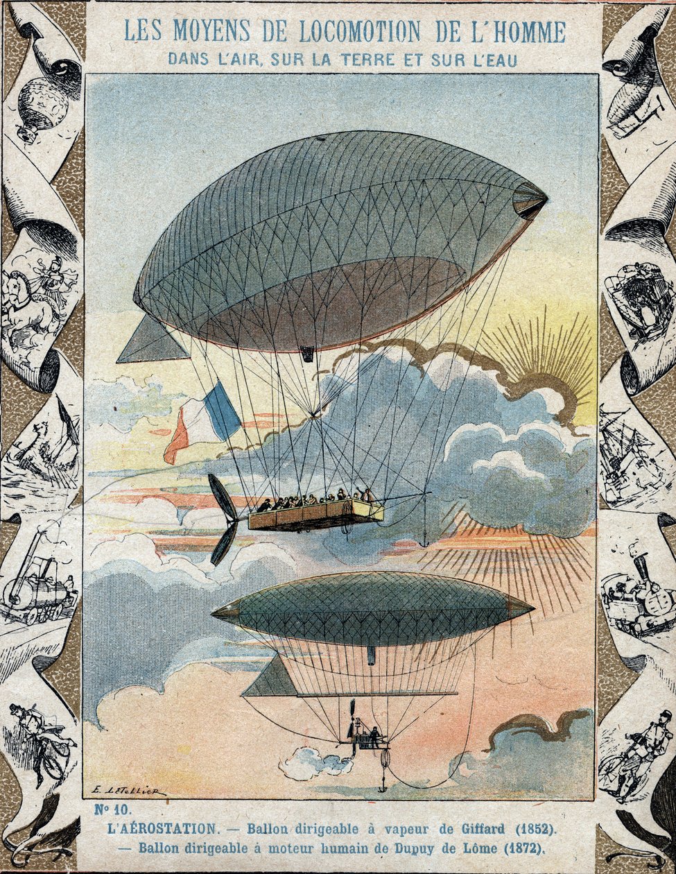 Léghajó, amelyet Henri Giffard talált fel 1852-ben, és navigálható léghajó, amelyet Dupuy de Lome 1872-ben - Tankönyvek védőhüvelyéből, 19. század vége - Henry Giffard (1825-1882) léghajója 1852 et le ballon haubanne, Henri Dupuy de Lome alkotó: E. Letellier