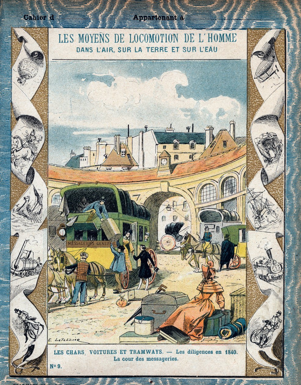 Diligence en 1840 - la cour des messageries - Stagecoach 1840-ben - Tankönyvek védőhüvelyéből, 19. század vége - E. Letellier illusztrációja - Protege notebook historique, fin 19. század - alkotó: E. Letellier