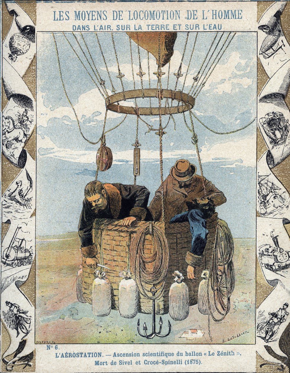 Joseph Eustache Croce Spinelli újságíró (1845-1875), Henri Theodore Sivel haditengerészeti tiszt (1834-1875), valamint Gaston Tissandier (1843-1899) francia író és tudós a Zenith ballon kosarában látható, miután elvesztette az eszméletét. oxig alkotó: E. Letellier