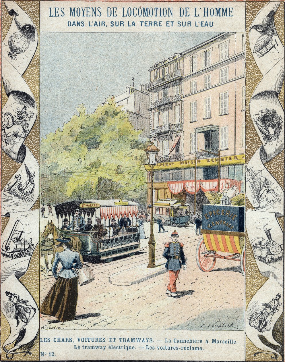La Canebiere Marseille-ben - elektromos villamos - visszaszerzik az autókat - E Letellier illusztrációja - Protect történelmi jegyzetfüzet, 19. század vége alkotó: E. Letellier