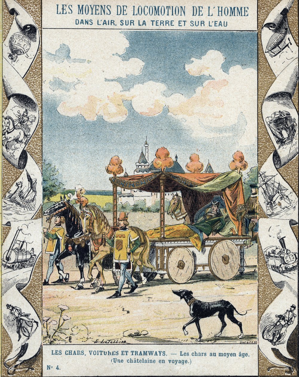 Tankok a középkorban - Egy Chatelaine útközben - E Letellier illusztrációja - Történelmi füzetet véd, 19. század vége alkotó: E. Letellier
