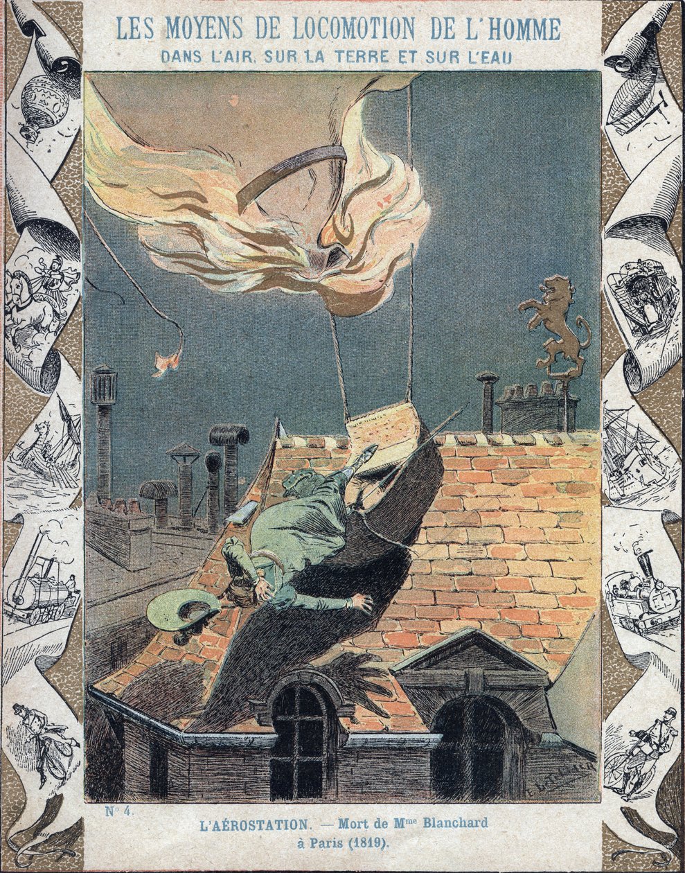 Marie Blanchard, Jean Pierre Blanchard aeronauta feleségének halála, amikor a léggömbje kigyulladt egy Párizs feletti tüntetés során, 1819. június 6-án - Tankönyvek védőhüvelyéből, 19. század vége - Mort de Madame Blanchard - 1819. július 16-án, én alkotó: E. Letellier