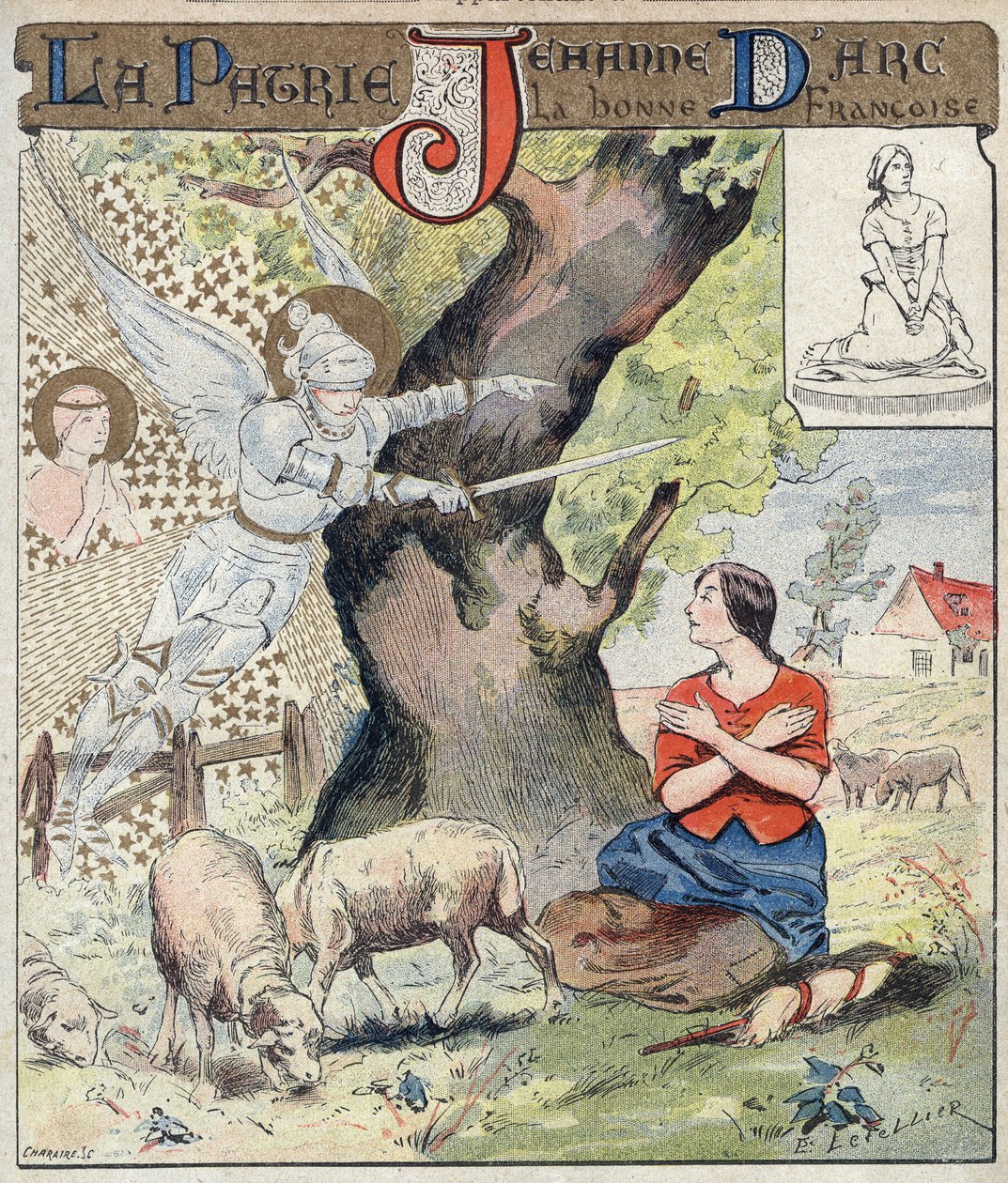 Az ifjú Jeanne of Arc (1412-1431) hallgatja az angyalok hangját, akik arra kérik, hogy jöjjön Franciaország segítségére a százéves háború alatt - Tankönyvek védőhüvelyéből, 19. század vége - A fiatal Jeanne of Arc (1412) -1431) hallgatja a hangot alkotó: E. Letellier