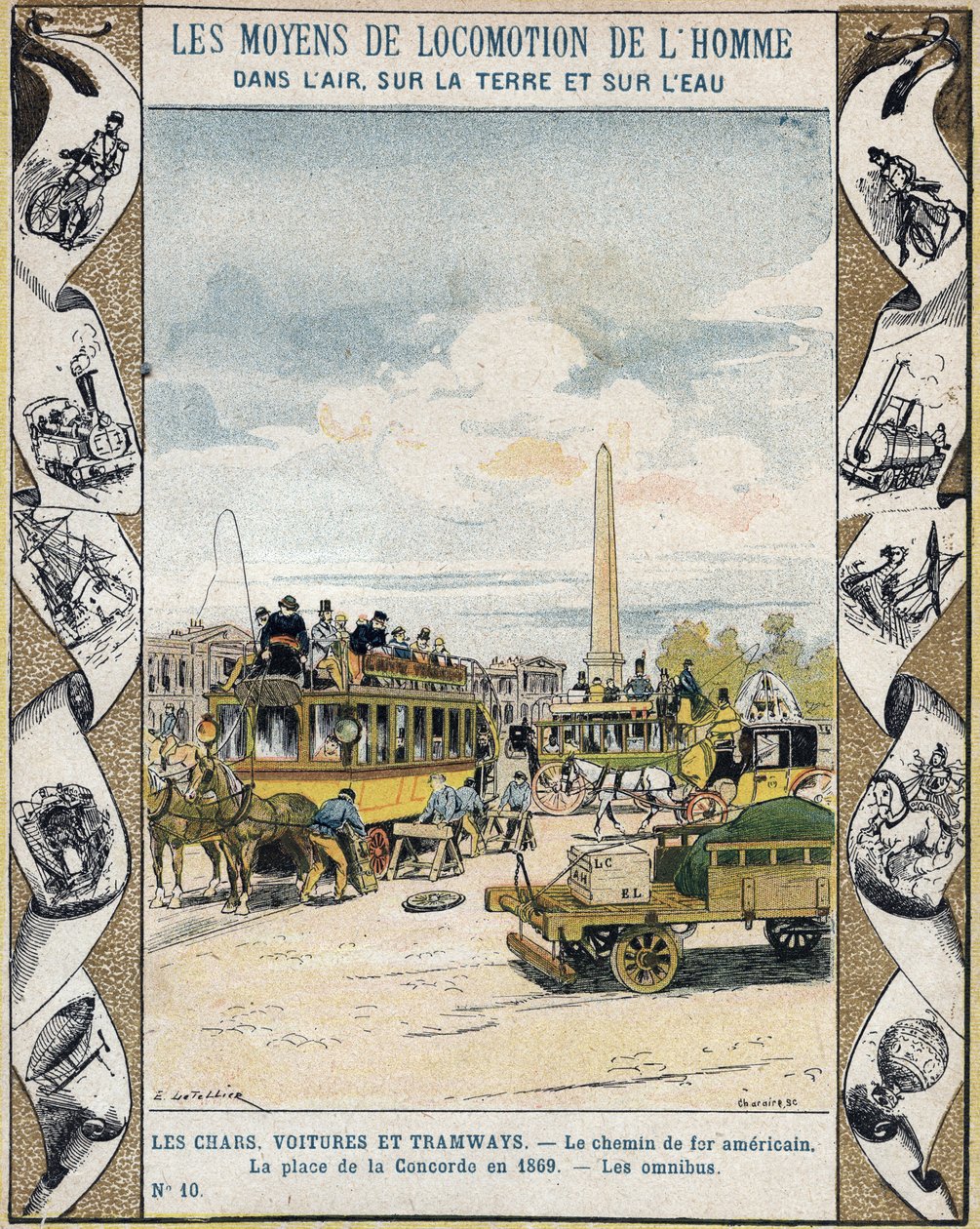 Forgalom a Place de la Concorde-on Párizsban 1869-ben: lóvontatású omnibusz és „chem de fer americain”” (villamosvonal) - Tankönyvek védőhüvelyéből, 19. század vége - Tartályok, autók és villamosok: az amerikai vasút, a Place de Concorde de alkotó: E. Letellier