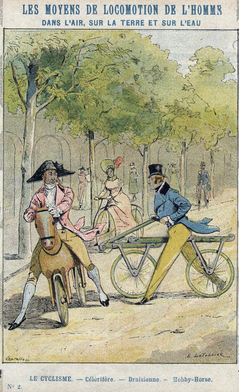 Velocipedes - Angol celerifere - Draisienne, a kerékpár őse - Védőhüvely tankönyvekhez, 19. század vége - E Letellier illusztrációja - Celerifere - Draisienne - Hobbiló (Nobby Horse) - Protect notebook historique, fin 19t alkotó: E. Letellier