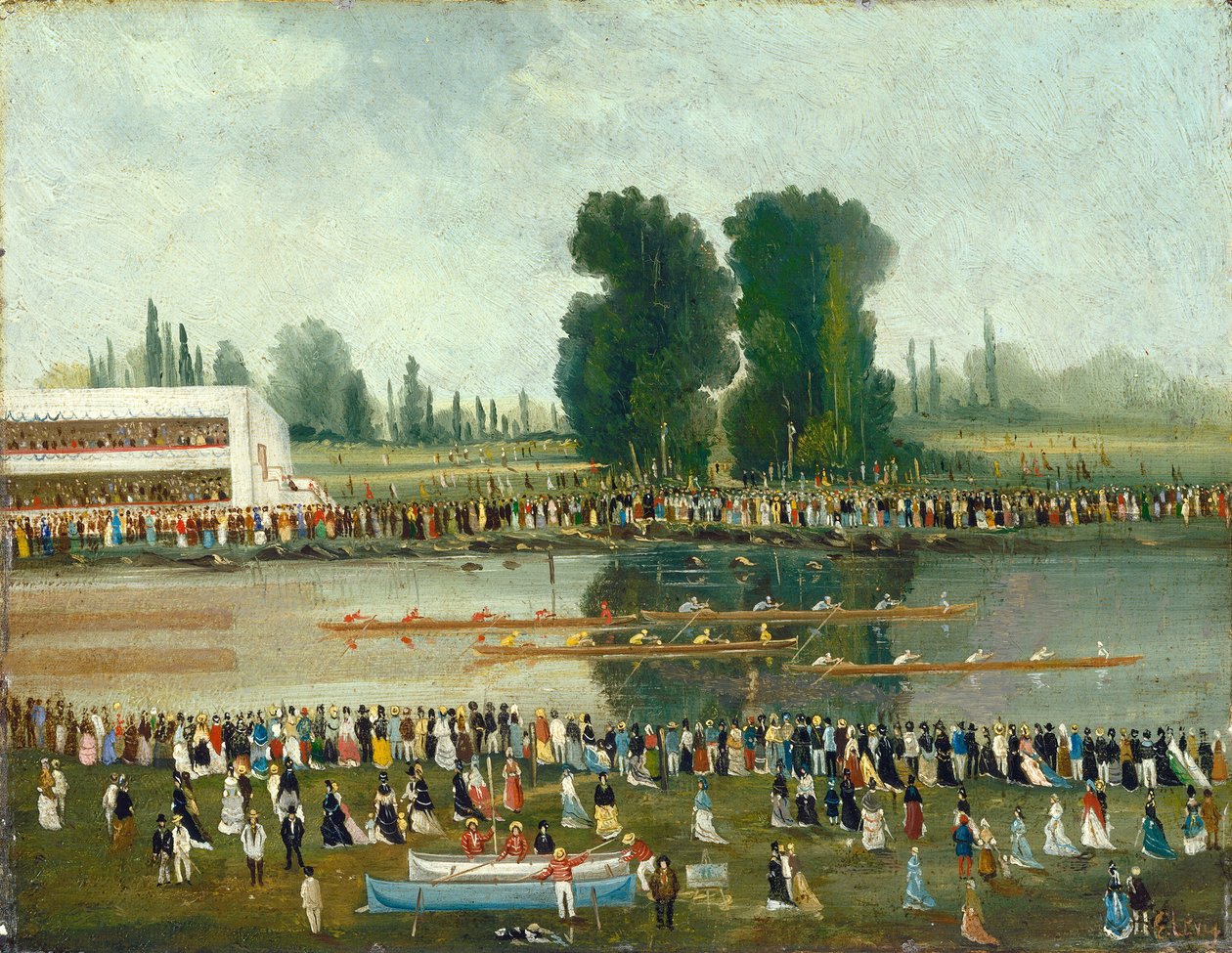 Evezős jelenet: Tömegek nézik a folyópartról, 19. század vége. alkotó: E. Levy