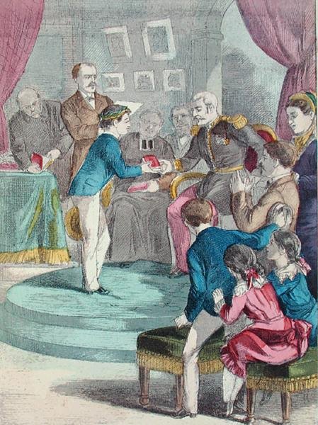 A díjátadó ünnepség, illusztráció A. des Tilleuls „Beaux Jours et Fetes des Petits Enfants” című művéből, 19. század vége (színes metszet) alkotó: E. Morel