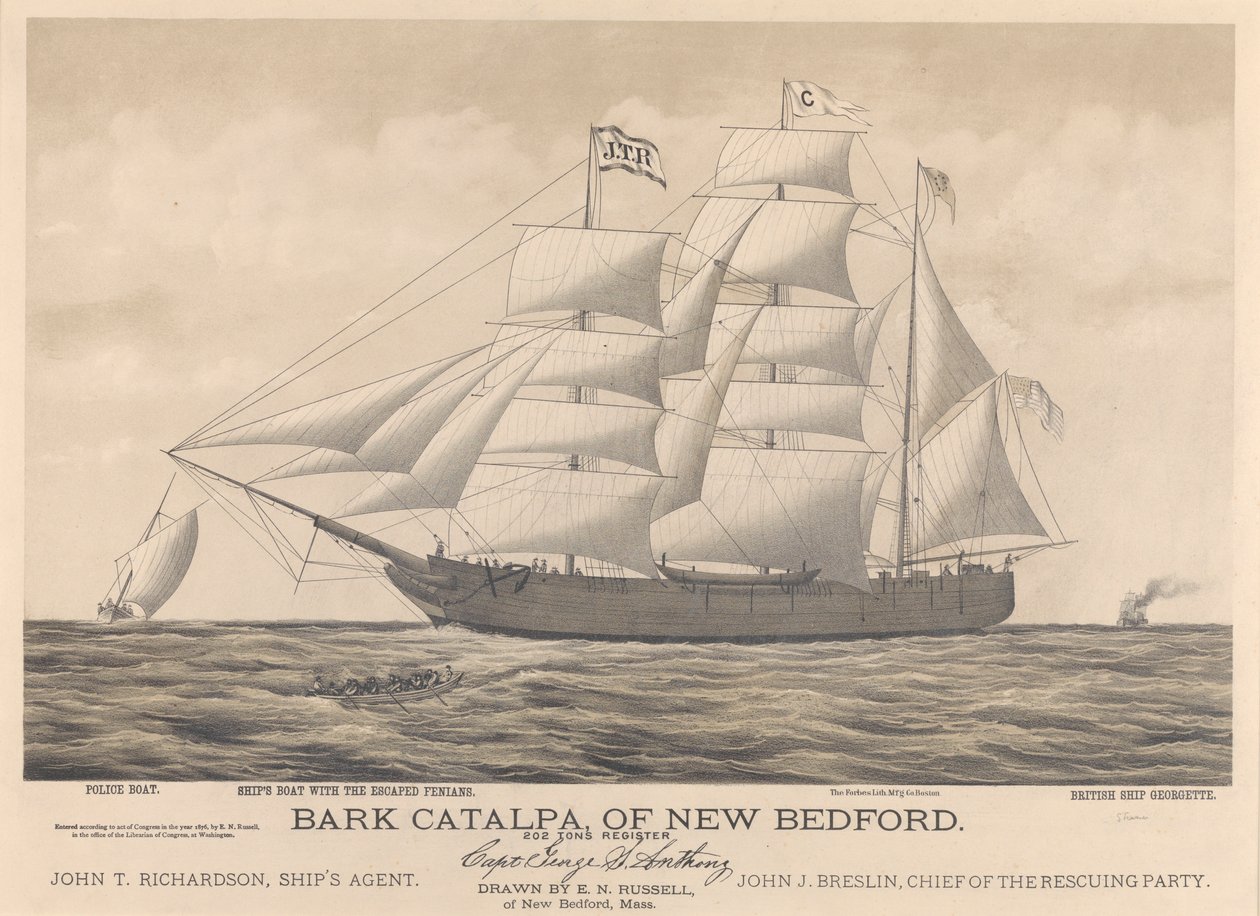 A New Bedford-i Catalpa bárka, rendőrségi hajó, hajó és a Georgette brit hajó. alkotó: E. N. Russell