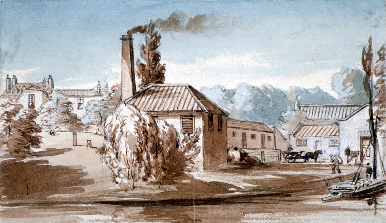 Stephenson és Giles Starch Works megtekintése az Old Fordban, Bow, London, 1830. alkotó: E Noyce
