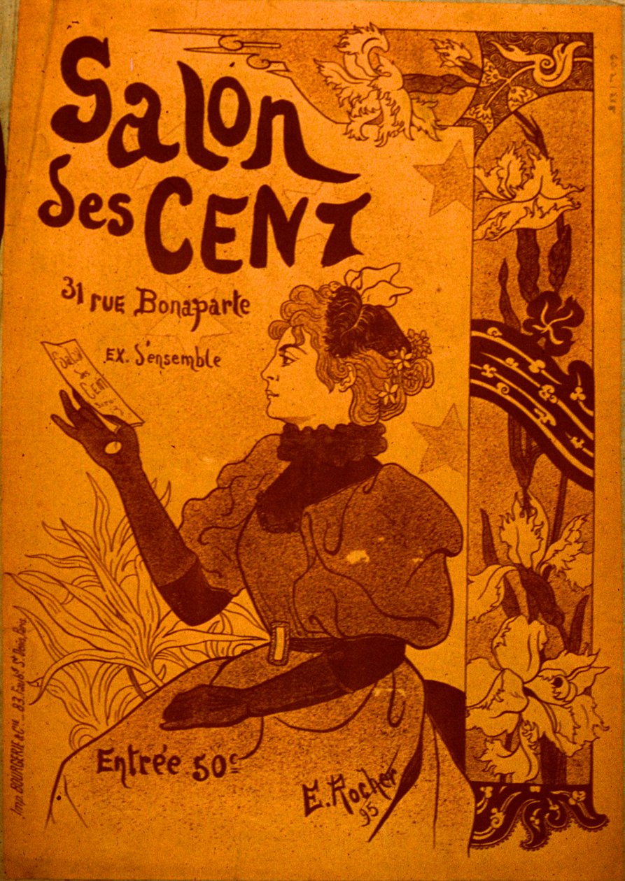 Egy nő, aki egy meghívót vizsgál, Salon des Cent alkotó: E. Rocher