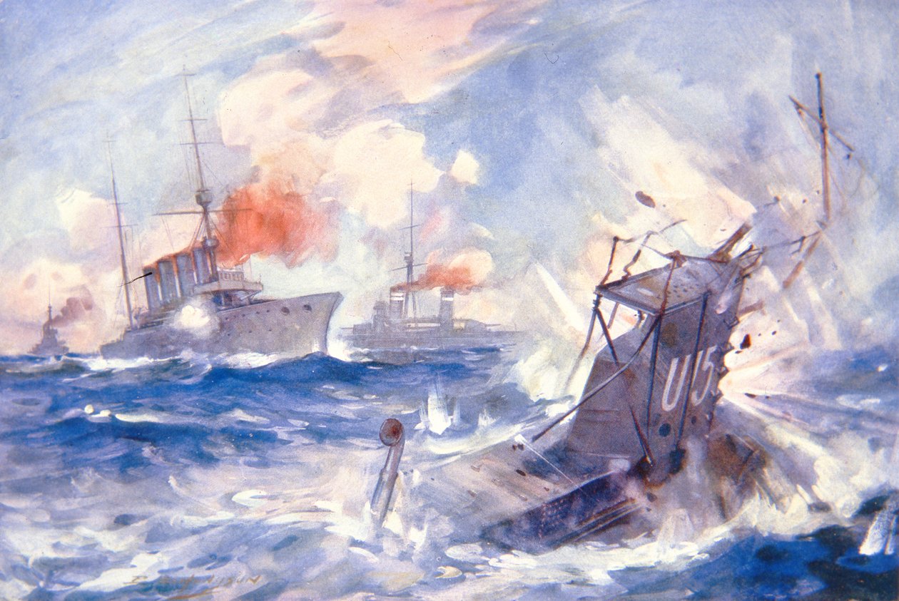 Az U15 német tengeralattjáró elsüllyesztése a HMS Birmingham által (színes litográfia) alkotó: E. S. (after) Hodgson