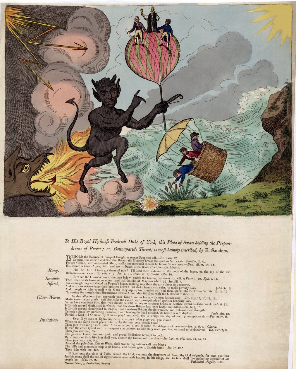 Ő királyi felségének, Frederick Duke of Yorknak, ez a Sátánt ábrázoló tábla, mely a hatalmat tartja kezében; vagy Bounaparte fenyegetése, megjelent 1803-ban (kézzel színezett metszet). alkotó: E. Sanders