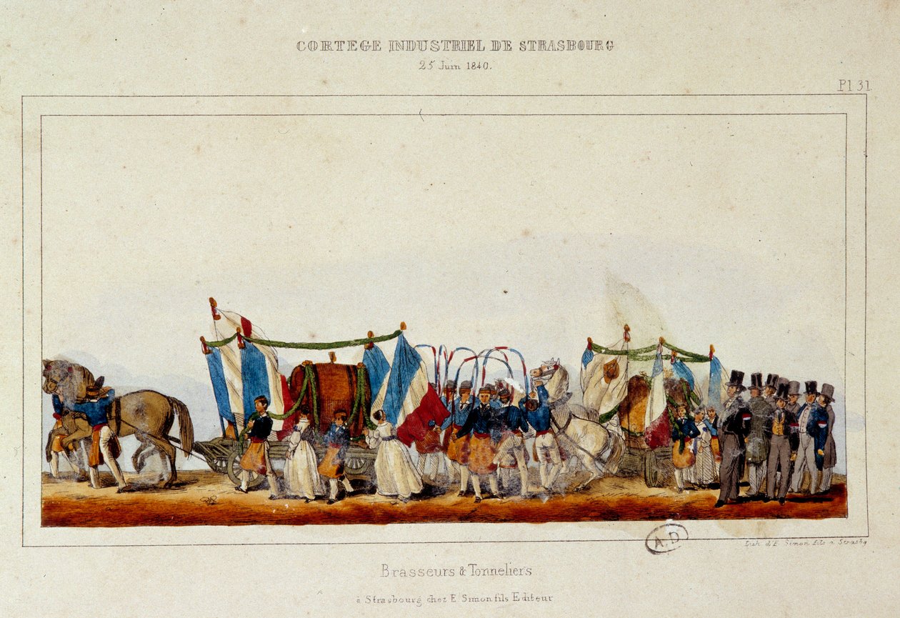 Sörfőzők és kádárok tánca a strasbourgi ipari kortézs alatt 1840.06.25-én. Simon litográfiája alkotó: E. Simon