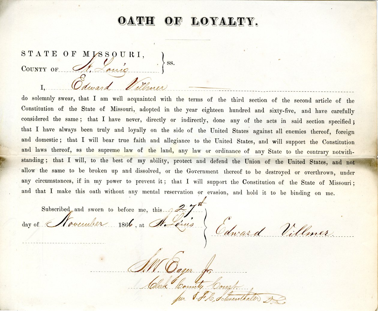 Missouri állambeli Edward Villmer hűség esküje, St. Louis megye alkotó: E. Villmer