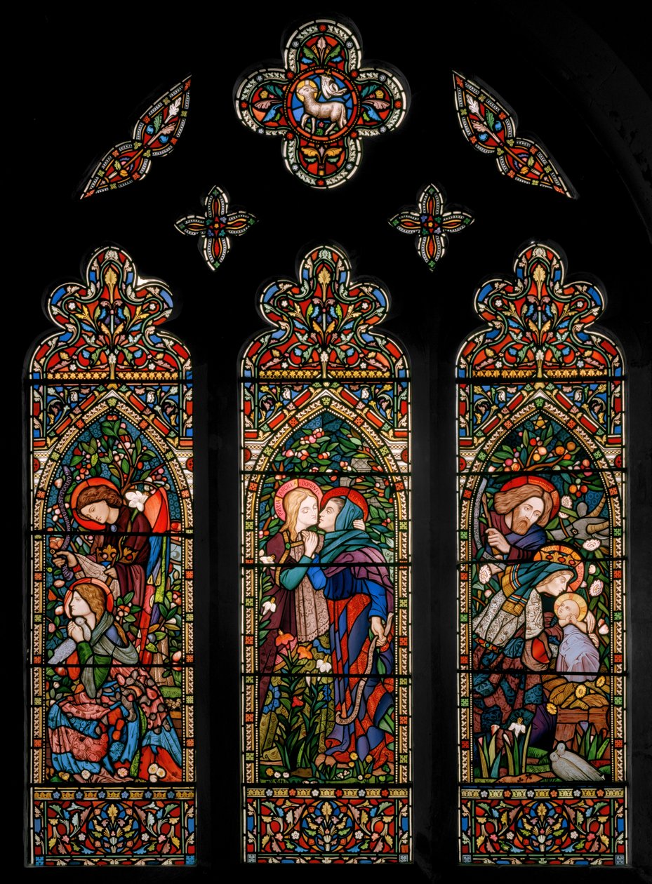 Az Angyali üdvözlet, a látogatás és a születés, 1860 körül alkotó: E. and Halliday Burne Jones