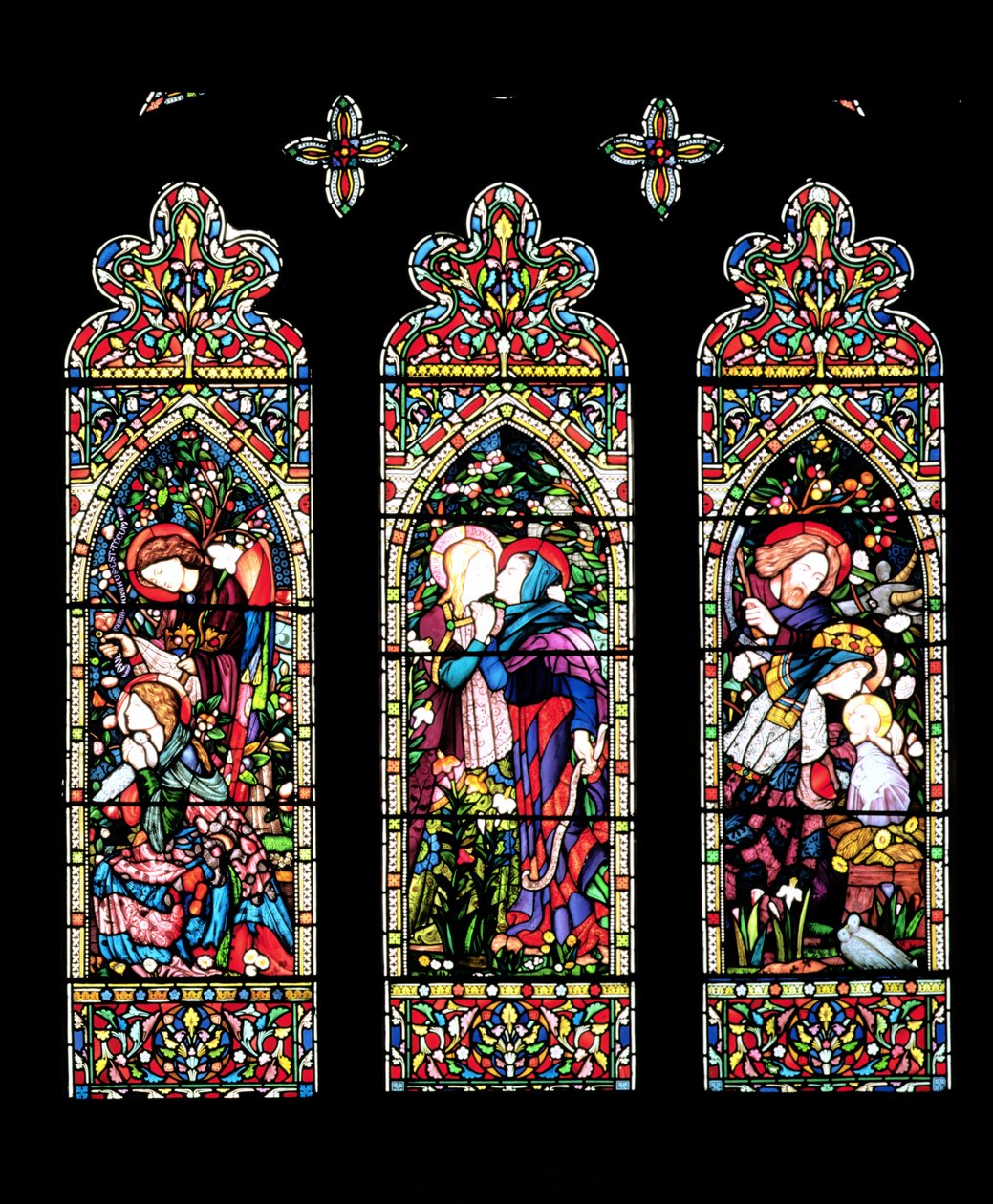 Az Angyali üdvözlet, a látogatás és a születés, Lavers és Barraud, 1860 (festett üveg) (lásd még 11886) alkotó: E. and Halliday, M. F. Burne Jones