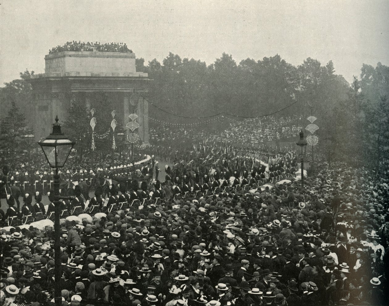 Megérkezett a kanadai miniszterelnök The Hon. Wilfrid Laurier a Hyde Park Cornerben, 1897. alkotó: E. and S. Woodbury