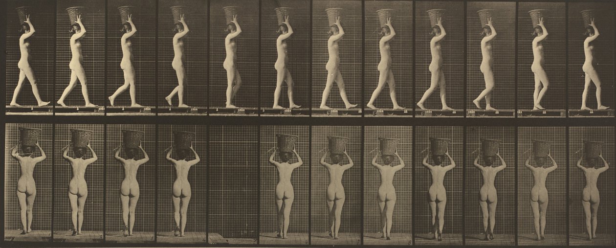 34. táblaszám. Járás és cipelés egy 15 fontot. kosár a fején, felemelt kézzel, 1887. alkotó: Eadweard Muybridge