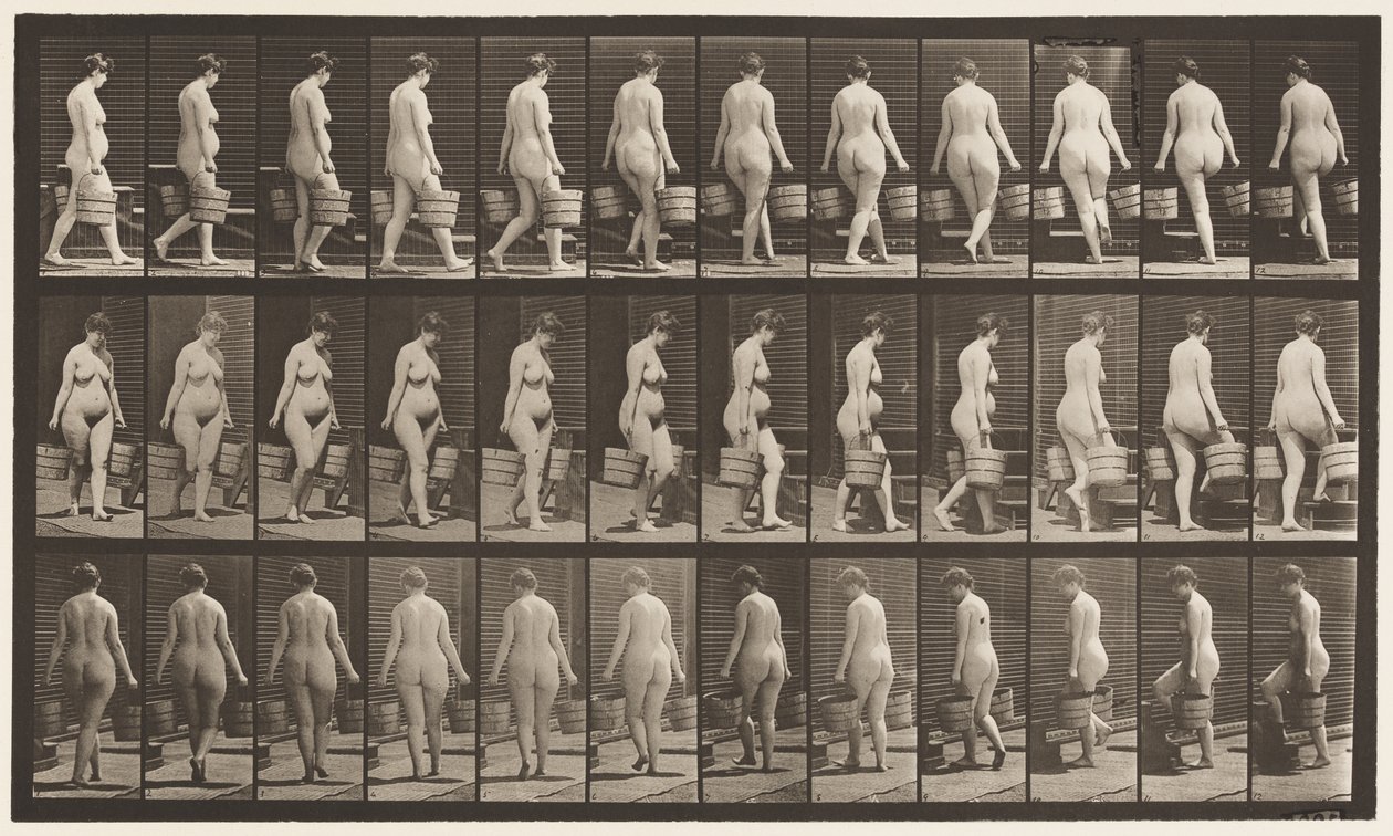106. tábla. Fordulás a lépcsőn való feljutás felé, vödör víz mindkét kezében, 1872-1885 alkotó: Eadweard Muybridge