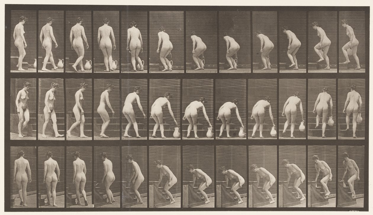 108. tábla. Fordulás a lépcsőn, lehajlás, kancsó felemelése, 1872-1885 alkotó: Eadweard Muybridge