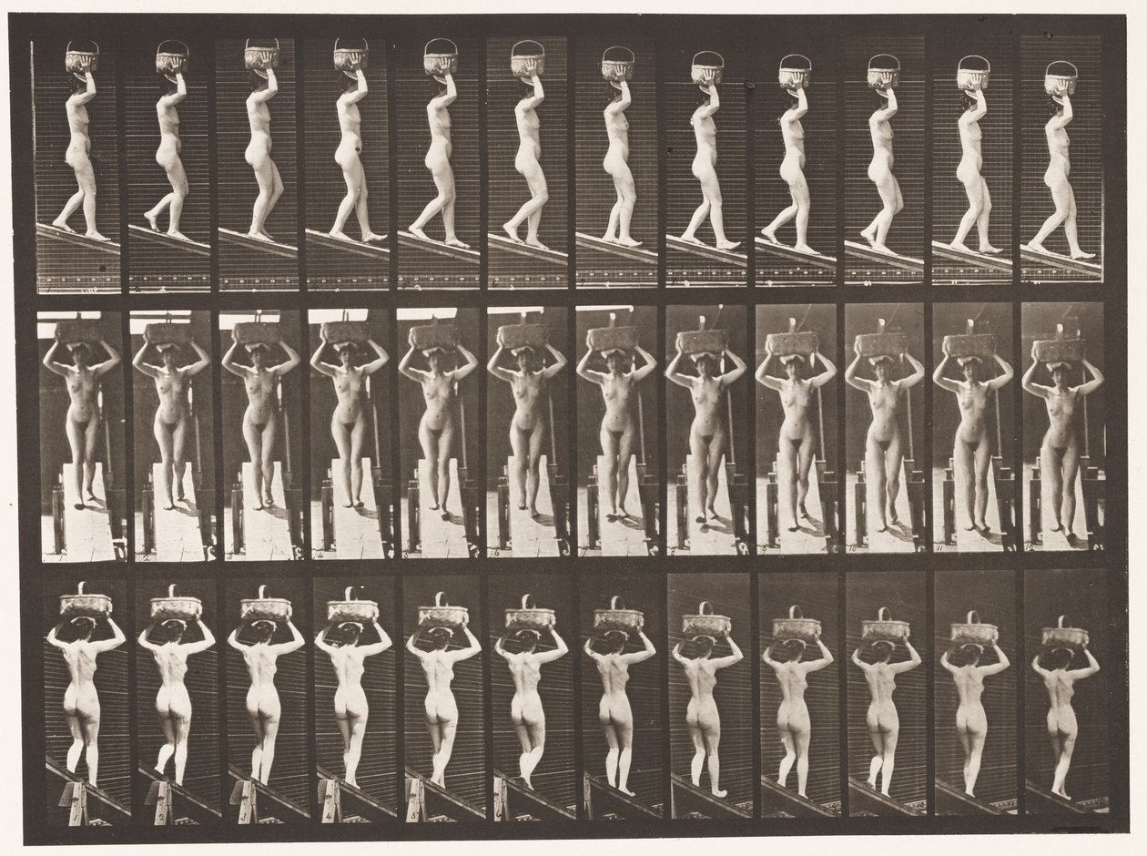 124. tábla. Csökkenő lejtős, 20 fontos kosár fejen, felemelt kézzel, 1872-1885 alkotó: Eadweard Muybridge